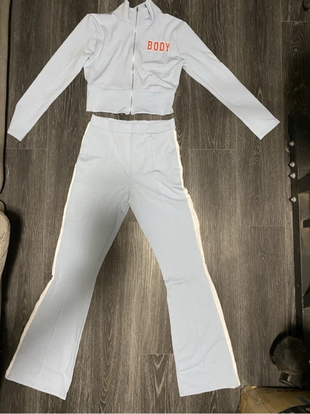 Cropped Zip Jacket & Flared Track Pants Set - Light Blue